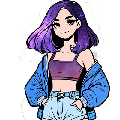 a realistic girl with a crop top and short shorts in an open jacket