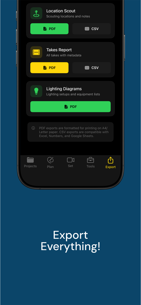 DOPro: Director’s Viewfinder - Export interface of the DOPro app showing options to generate PDF and CSV reports for production planning