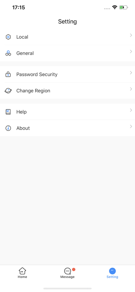 Kabe View - Ein Screenshot des Einstellungsbildschirms der Kabe View Anwendung, der Optionen für lokale allgemeine Passwortsicherheit und Regionseinstellungen zeigt.