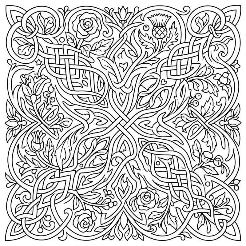 Dive into the mesmerizing world of Celtic art with this detailed flower knot coloring page, specifically designed for teens. This intricate pattern features elegant floral motifs woven into traditional Celtic knotwork, offering hours of engaging creative expression.