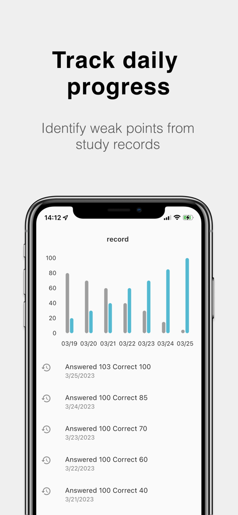 Mobile app screen showing a bar chart to track daily quiz progress and study records
