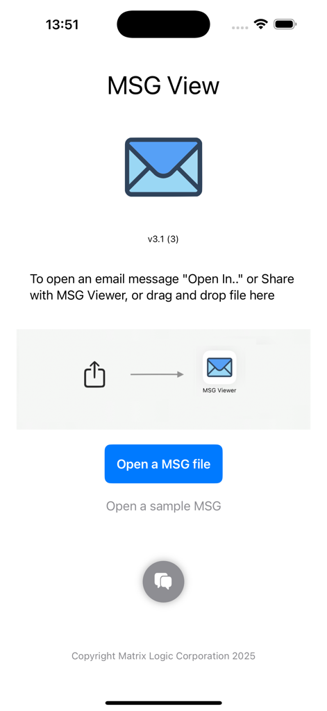 MSG View - Tela inicial do aplicativo MSG View com um botão para abrir um arquivo MSG