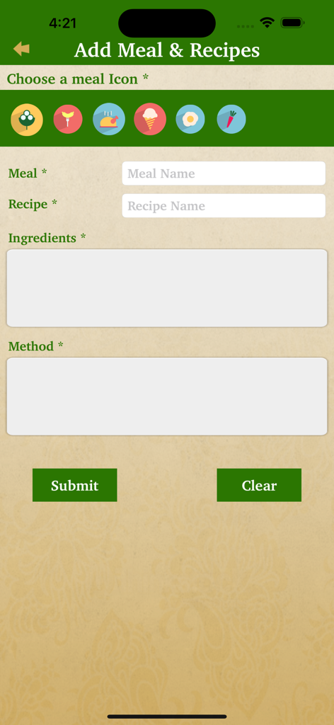 Gujarati Recipes Indian Food - Add Meal and Recipes screen with form fields for meal name, recipe name, ingredients, and cooking method