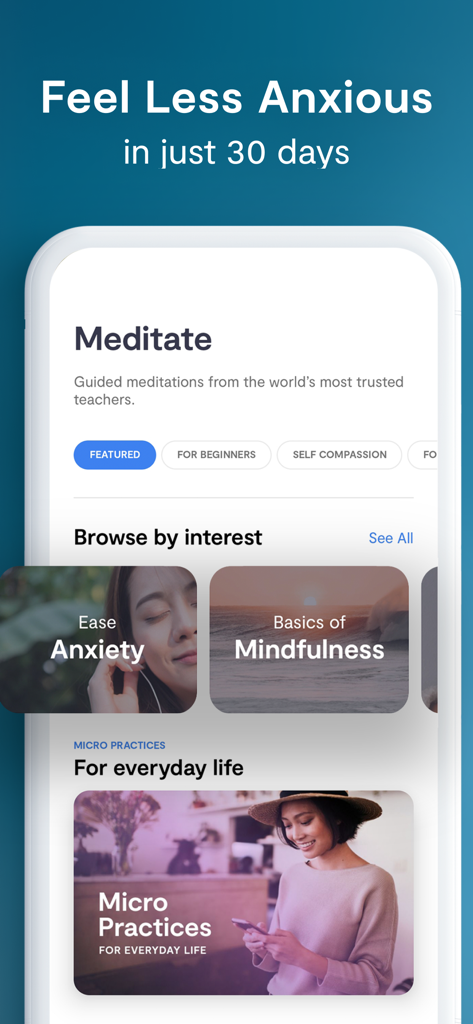 Interfaz de la aplicación Mindfulness.com con meditaciones guiadas y microprácticas para aliviar la ansiedad
