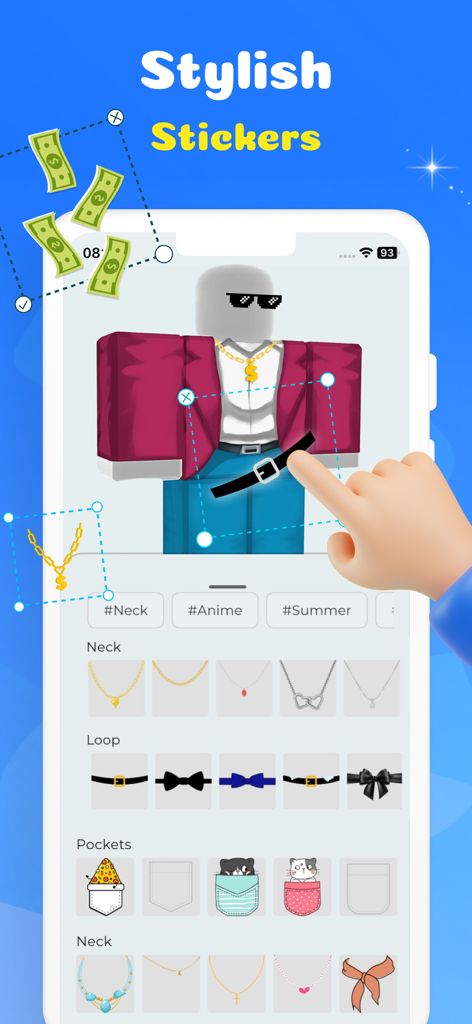 Clothes for Roblox Skins Maker - A mobile app interface for designing Roblox clothes showing a 3D avatar being customized with stickers and accessories like necklaces and belts.
