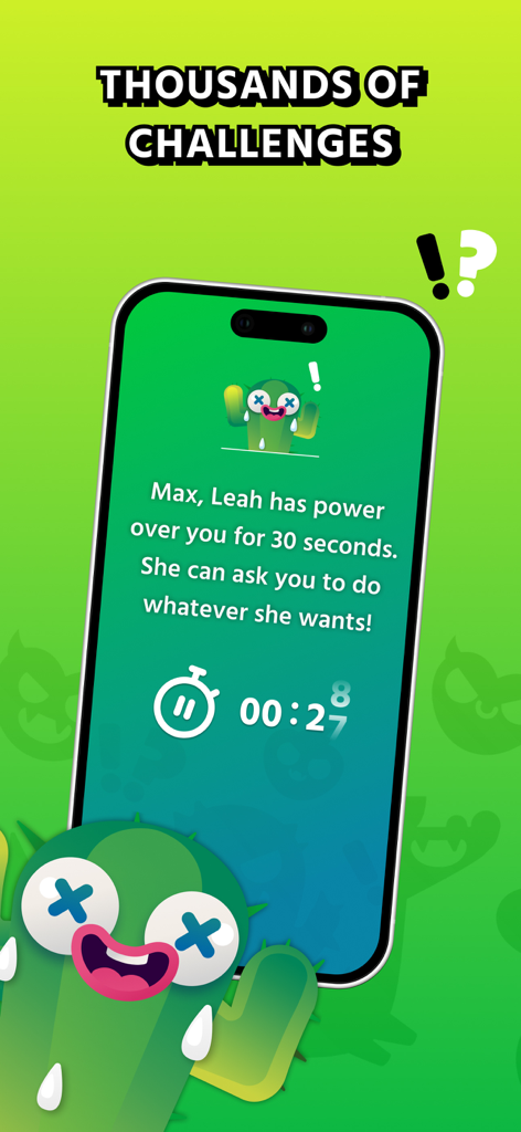 Truth or Dare Spiky app interface displaying a 30 second challenge with a cactus character