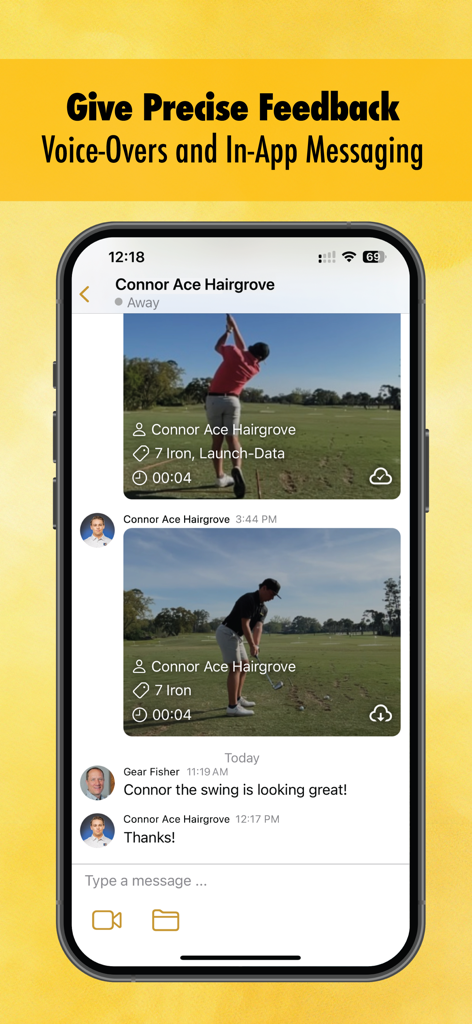 Onform: Video Analysis App - Onform app screen showing a chat between a coach and a golf athlete with shared swing videos and feedback messages