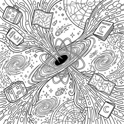 Embark on an extraordinary cosmic journey with this captivating coloring page featuring powerful black hole jets and interstellar vacation essentials. Unleash your creativity as you color through swirling galaxies, astral passports, and cosmic travel maps.