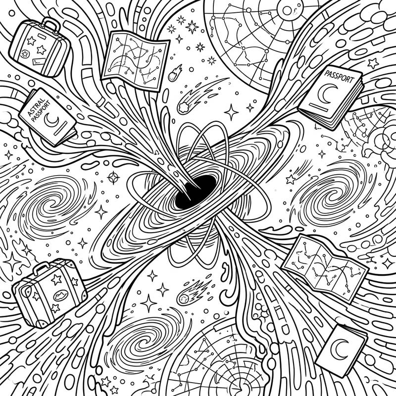 Embark on an extraordinary cosmic journey with this captivating coloring page featuring powerful black hole jets and interstellar vacation essentials. Unleash your creativity as you color through swirling galaxies, astral passports, and cosmic travel maps.