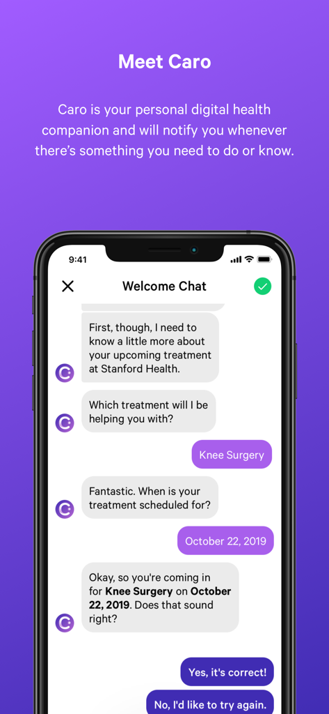 Caro Health - Caro Health app welcome chat interface showing patient onboarding for a knee surgery treatment