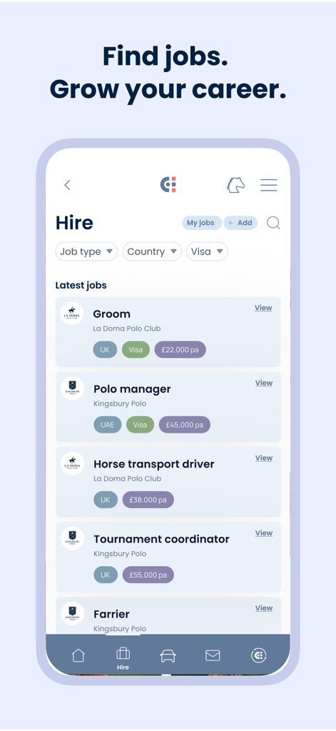 ChukkerApp - Mobile app screen showing the Hire section of ChukkerApp with job listings for polo grooms, managers, and tournament coordinators.