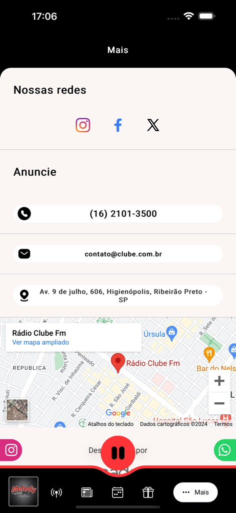 Melody FM - Informações de contato e localização do aplicativo Melody FM com links de mídia social e um mapa de Ribeirão Preto