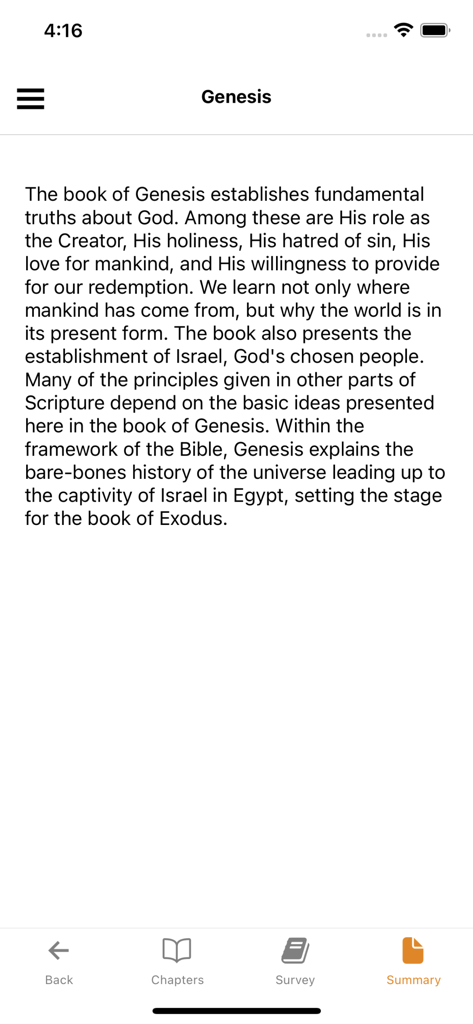 A summary of the biblical book of Genesis within the BibleRef app interface
