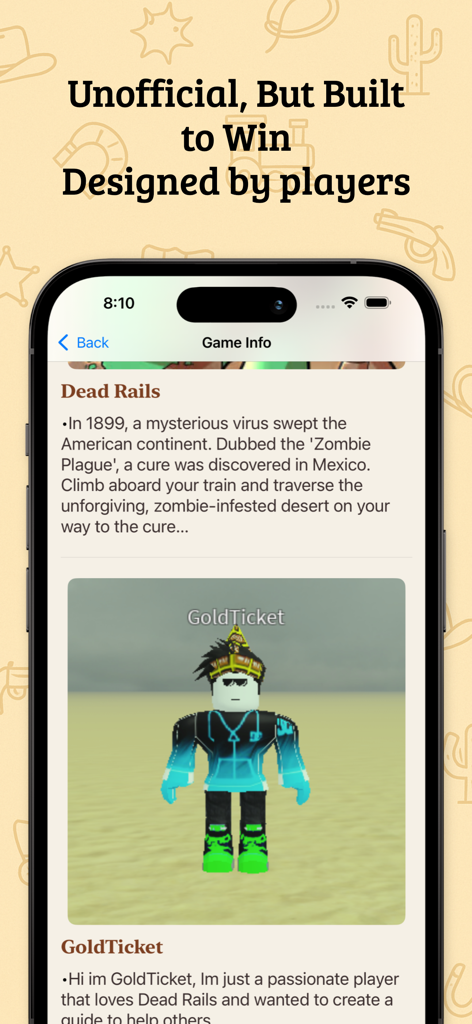 Dead Rails Guide – Unofficial - Uma tela de aplicativo móvel mostrando informações do jogo e um perfil de jogador para o Dead Rails Unofficial Guide.