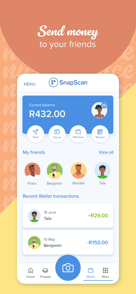 SnapScan mobile app interface showing wallet balance and options to send money to friends