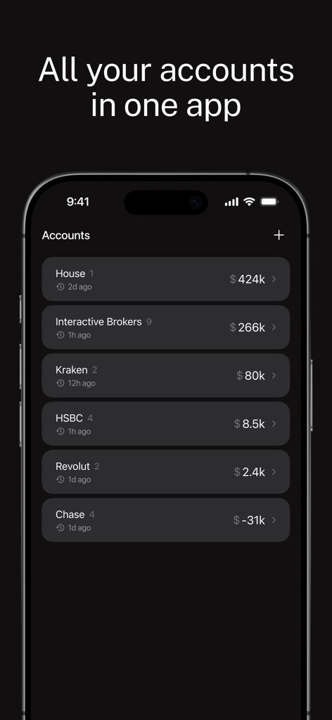 8FIGURES AI Investment Advisor - A smartphone display of the 8FIGURES app showing a list of linked financial accounts including real estate and crypto