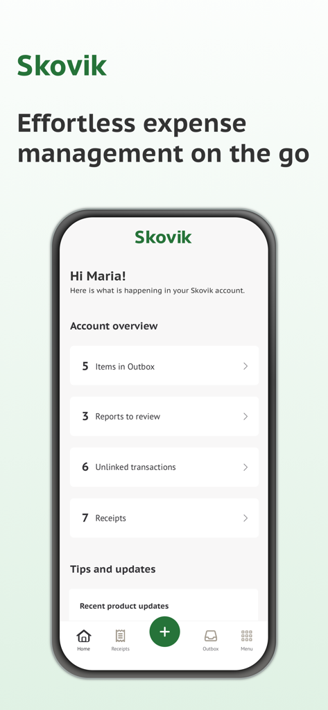 Dashboard dell'app mobile Skovik che mostra una panoramica dell'account per la gestione delle spese, incluse ricevute e elementi in uscita