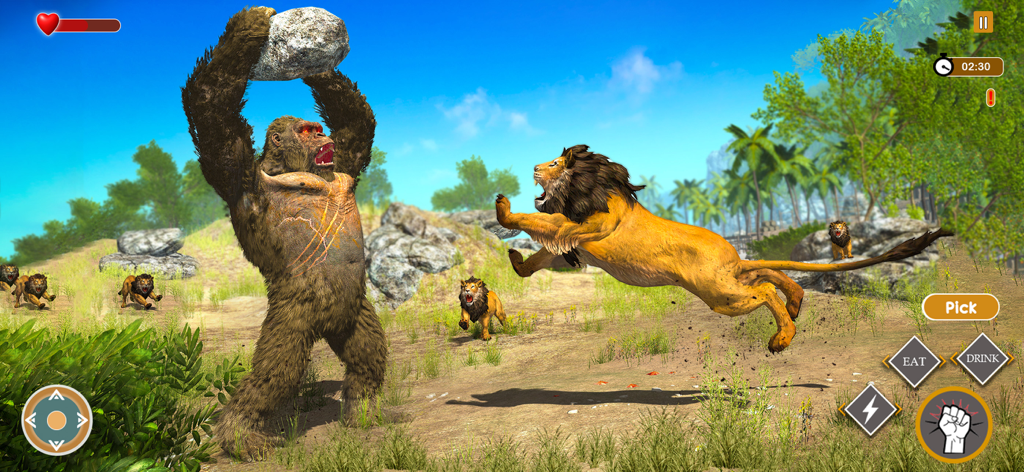 Un gorila gigante sosteniendo una gran roca mientras lucha contra un león que salta en un entorno de jungla