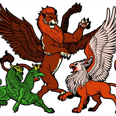 manticore fighting a griffin and pegasus