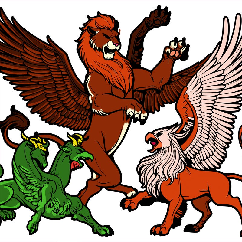 manticore fighting a griffin and pegasus