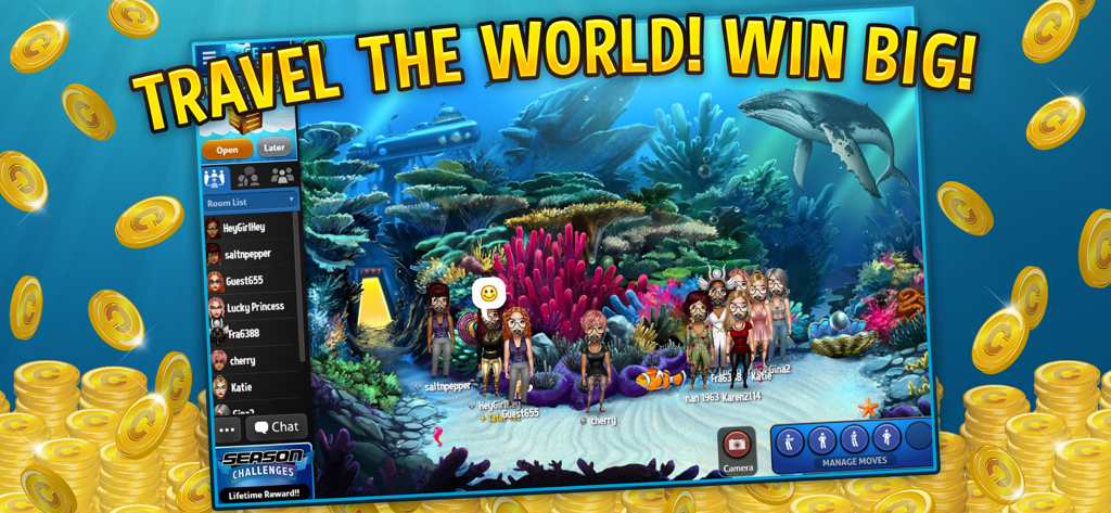 7 Seas Casino - Avatars interacting in an underwater coral reef setting with a whale and submarine in 7 Seas Casino social game