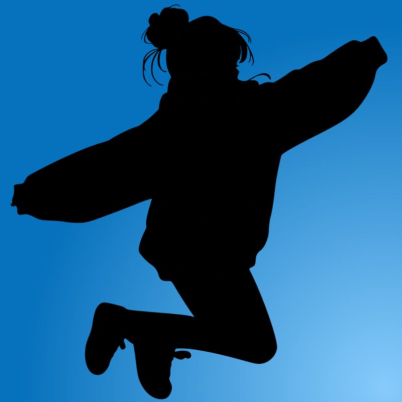realistic girl jumping with a bun and oversized sweatshirt