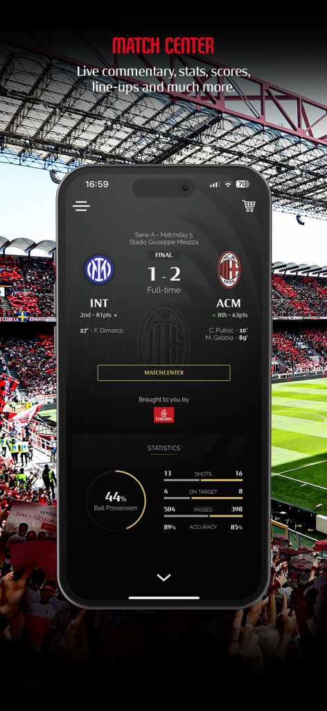 AC Milan app Match Center showing score and game statistics
