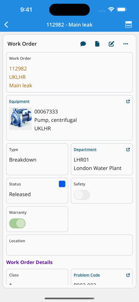 A maintenance work order screen in the HxGN EAM Digital Work app displaying equipment details and status for a pump repair