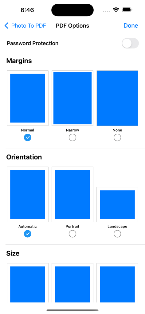Convert Picture To PDF Maker - PDF settings screen with options for password protection margins and page orientation