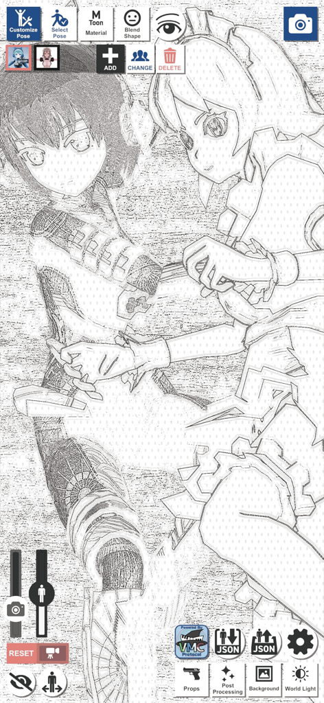 VRM Posing Mobile - App interface showing anime characters with a pencil sketch filter for illustration reference