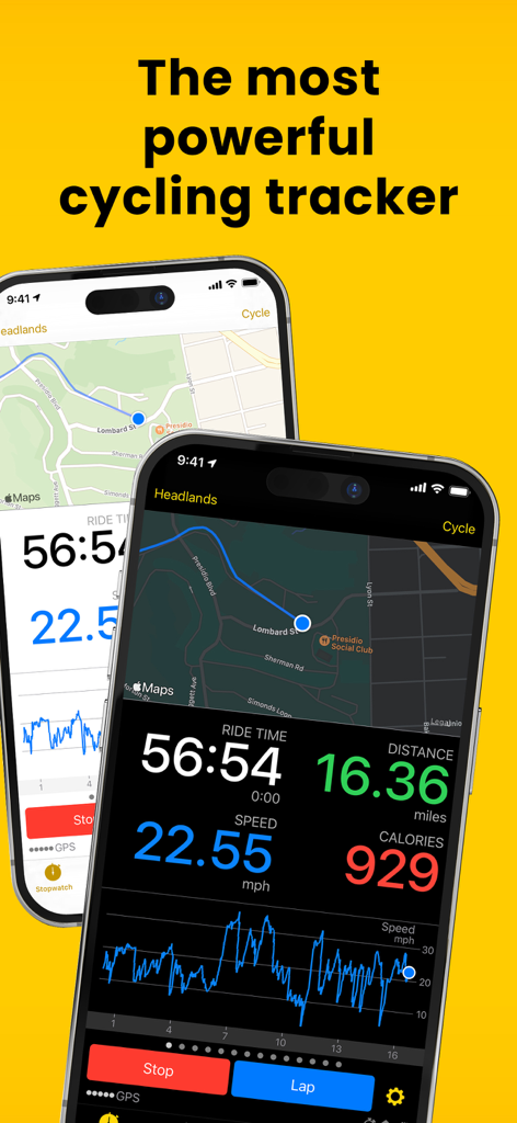 Cyclemeter Cycling GPS Tracker - Uma captura de tela do aplicativo Cyclemeter no iPhone mostrando métricas de ciclismo em tempo real, mapa e gráfico de velocidade