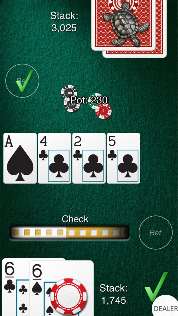 Heads Up: Hold'em  (1-on-1 Poker) - Heads Up Holdem mobile app screenshot showing a 1-on-1 poker hand with pocket sixes and a green felt table UI