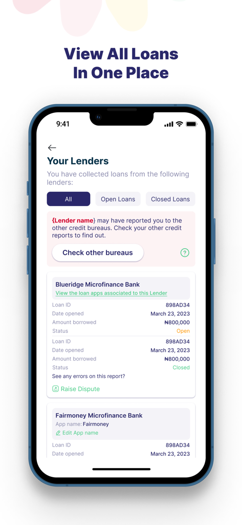 Pebblescore - PebbleScore app interface showing a list of current and closed loans from multiple lenders in one place