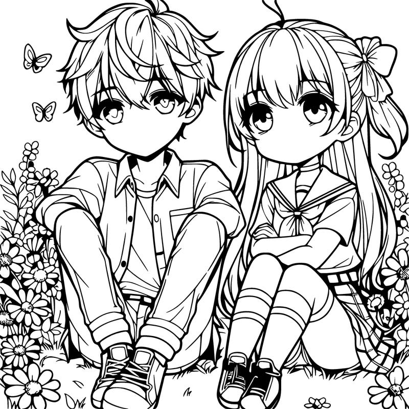 a cute anime couple a boy and a girl sitting in a field with flowers