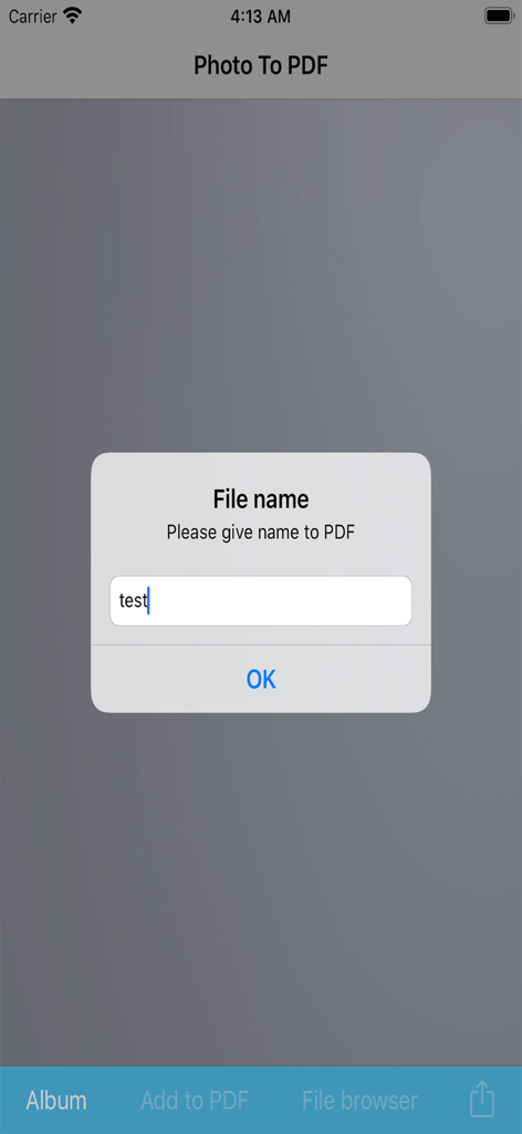 Photo to PDF - Converter - Prompt to enter a file name for the converted PDF in the app