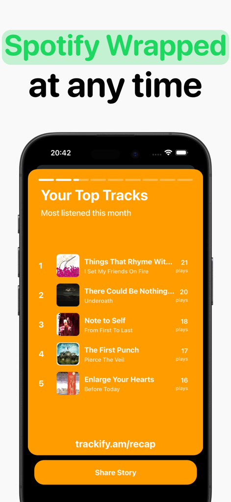 Trackify app screen showing a list of top songs and play counts for the month in a Spotify Wrapped style format