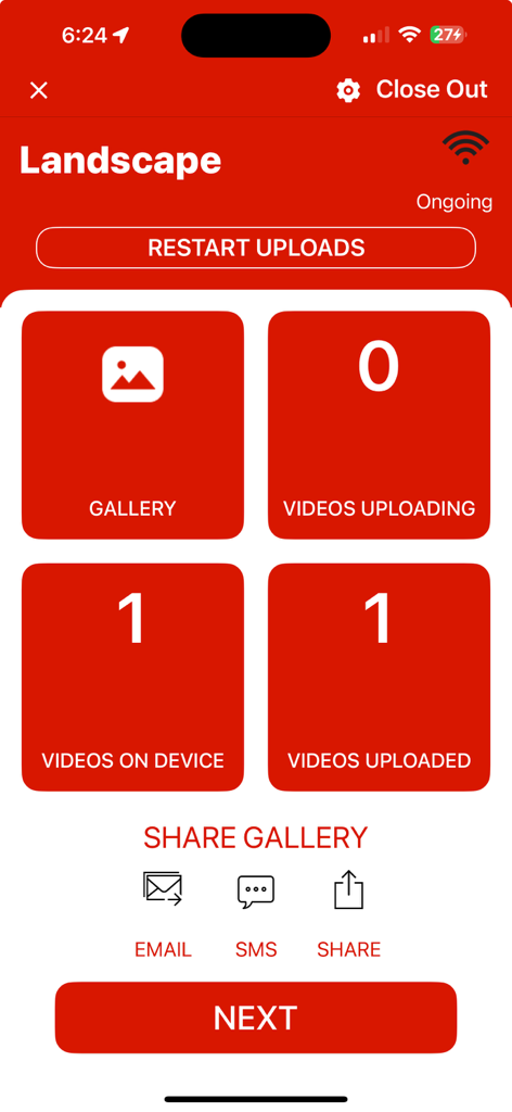 RevoSpin 360 - Dashboard of the RevoSpin 360 app showing video upload status gallery and sharing options