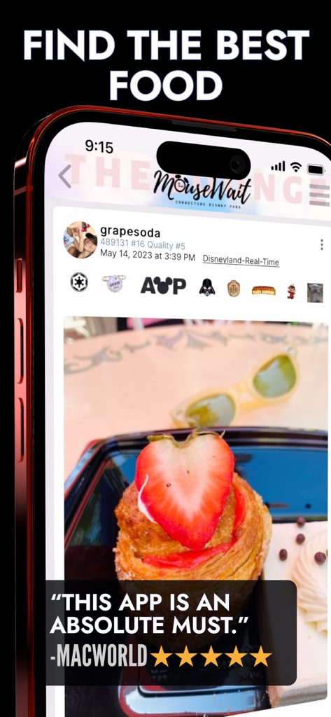 MouseWait for Disneyland - Screenshot of the MouseWait app showing a food post in the Lounge social feed with a five star review from Macworld