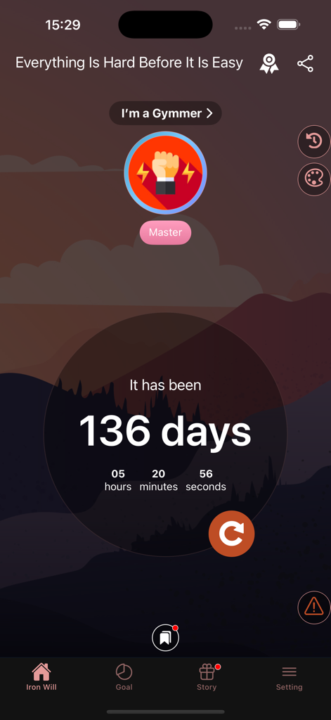 Iron Will: Quit your addiction - Iron Will app dashboard showing a progress streak of one hundred thirty six days