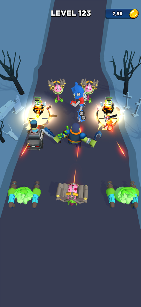 Merge Master: Idle Zombie War - 3D battle scene from Merge Master Idle Zombie War showing plant and zombie units fighting on a road at level 123