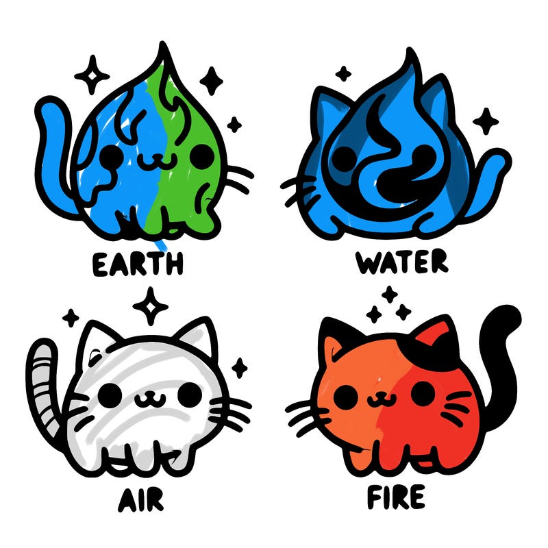 4 cats that represent the different elements, earth, water, air, and fire