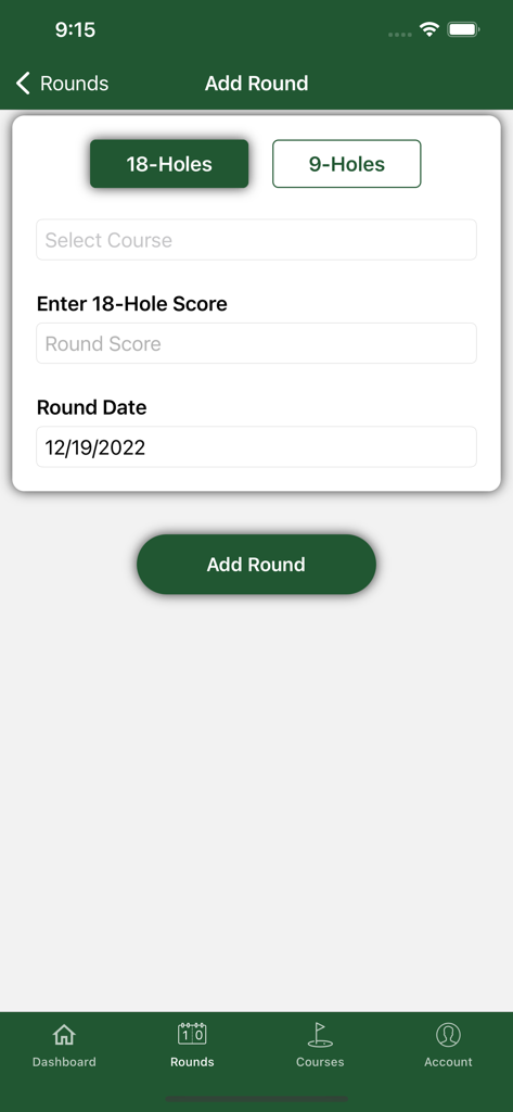 Simple Handicap - Interface for adding a golf round score in the Simple Handicap app