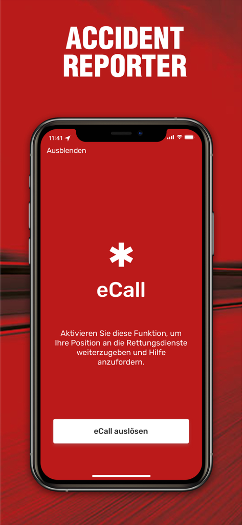 Pantalla del informador de accidentes de la aplicación RideLink Connect con el botón de alerta de emergencia eCall
