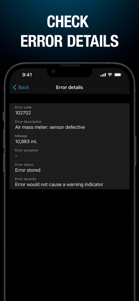 BimmerLink app screen showing diagnostic error details for a BMW air mass meter sensor.
