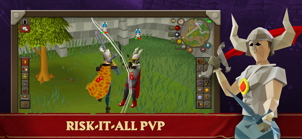 Batalla PvP de Old School RuneScape con jugadores luchando y texto que dice 'Arriesga todo JcJ'