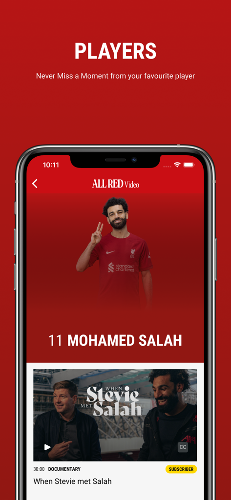 Screenshot of the ALL RED Video app showing Mohamed Salah's player profile and exclusive documentary content.