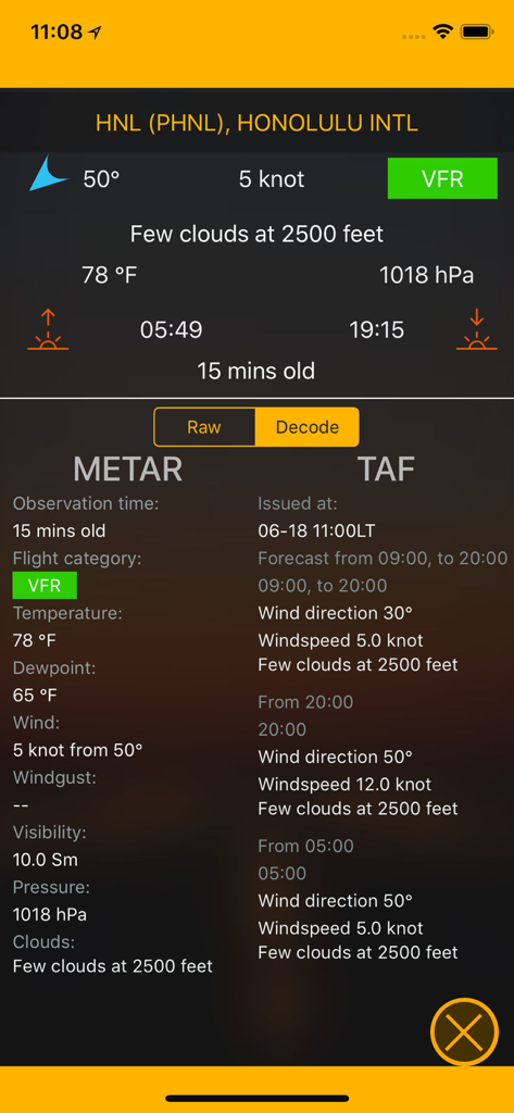 US EFB aviation app displaying METAR and TAF weather reports for Honolulu airport