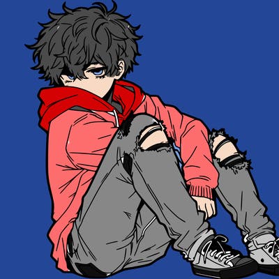 a male hoddie ripped jeans messy hair anime