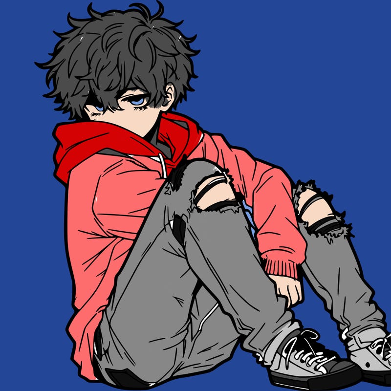 a male hoddie ripped jeans messy hair anime