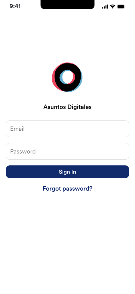 Asuntos Digitales login screen with email and password input fields